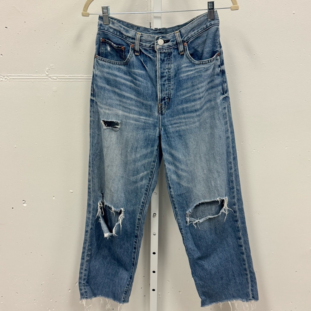 Etica‎ High Waist Button Fly Distressed Baggy Straight Leg Denim Jeans W27